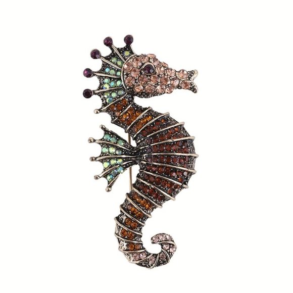 Brown Rhinestone Seahorse Pin Broach - Picture 1 of 3